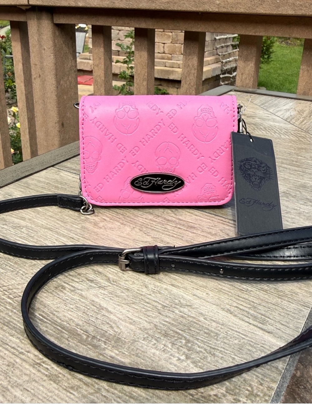 Ed Hardy Pink Embossed Crossbody Bag with Black Strap
